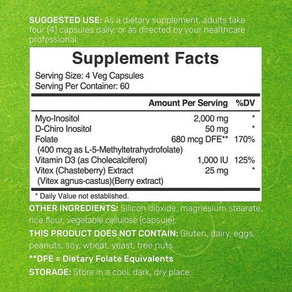 Myo-Inositol & D-Chiro Inositol Supplement für Frauen (40:1) | 2.050 mg pro Portion | 240 vegane Kapseln | mit Folsäure, Vitamin D3 & Vitex | Hormonelle Balance & Zyklusunterstützung | Non-GMO