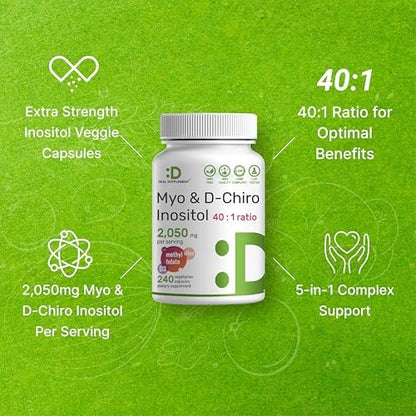 Myo-Inositol & D-Chiro Inositol Supplement für Frauen (40:1) | 2.050 mg pro Portion | 240 vegane Kapseln | mit Folsäure, Vitamin D3 & Vitex | Hormonelle Balance & Zyklusunterstützung | Non-GMO