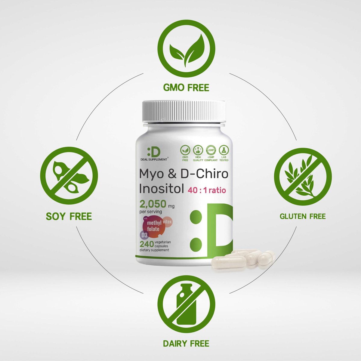 Myo-Inositol & D-Chiro Inositol Supplement für Frauen (40:1) | 2.050 mg pro Portion | 240 vegane Kapseln | mit Folsäure, Vitamin D3 & Vitex | Hormonelle Balance & Zyklusunterstützung | Non-GMO