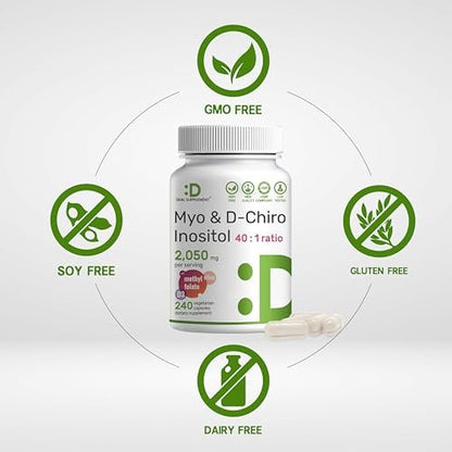 Myo-Inositol & D-Chiro Inositol Supplement für Frauen (40:1) | 2.050 mg pro Portion | 240 vegane Kapseln | mit Folsäure, Vitamin D3 & Vitex | Hormonelle Balance & Zyklusunterstützung | Non-GMO