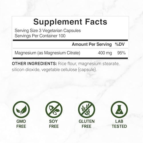 Magnesiumcitrat 400mg pro Portion, 300 vegane Kapseln – Chelatiert, leicht absorbierbar, gereinigtes Spurenelement – Unterstützung für Muskeln, Herz & Verdauung – Nicht-GMO
