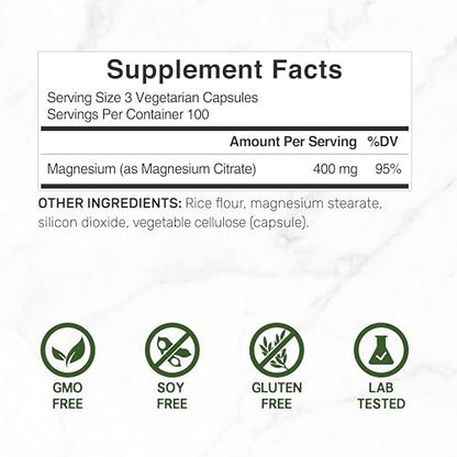 Magnesiumcitrat 400mg pro Portion, 300 vegane Kapseln – Chelatiert, leicht absorbierbar, gereinigtes Spurenelement – Unterstützung für Muskeln, Herz & Verdauung – Nicht-GMO