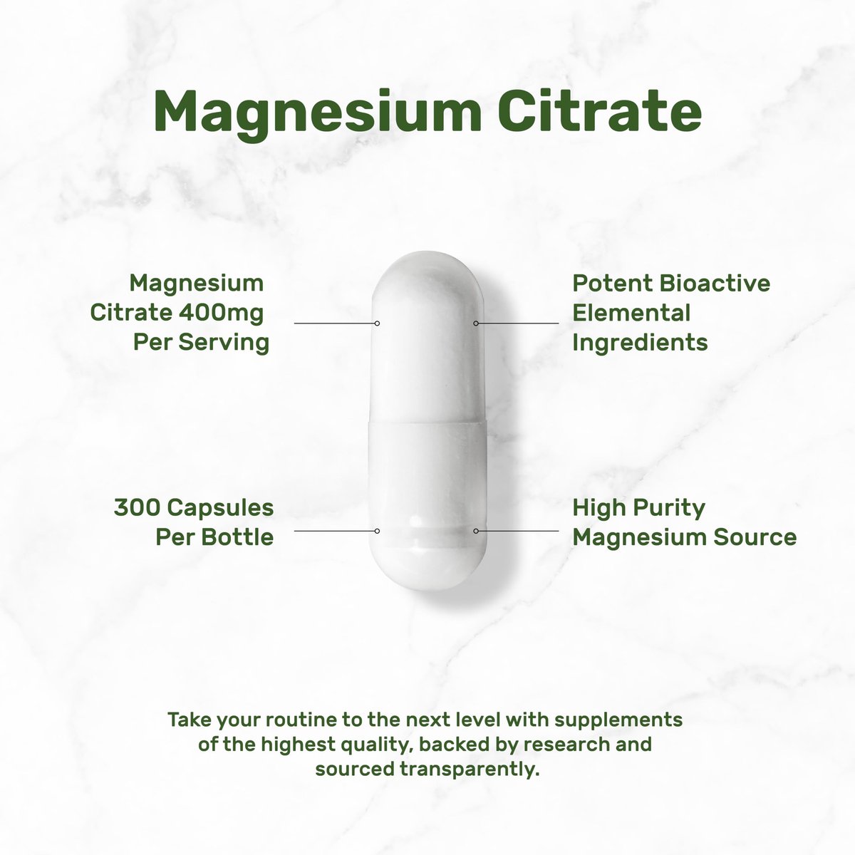 Magnesiumcitrat 400mg pro Portion, 300 vegane Kapseln – Chelatiert, leicht absorbierbar, gereinigtes Spurenelement – Unterstützung für Muskeln, Herz & Verdauung – Nicht-GMO
