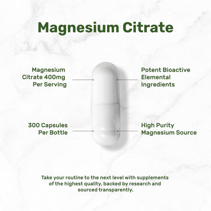 Magnesiumcitrat 400mg pro Portion, 300 vegane Kapseln – Chelatiert, leicht absorbierbar, gereinigtes Spurenelement – Unterstützung für Muskeln, Herz & Verdauung – Nicht-GMO