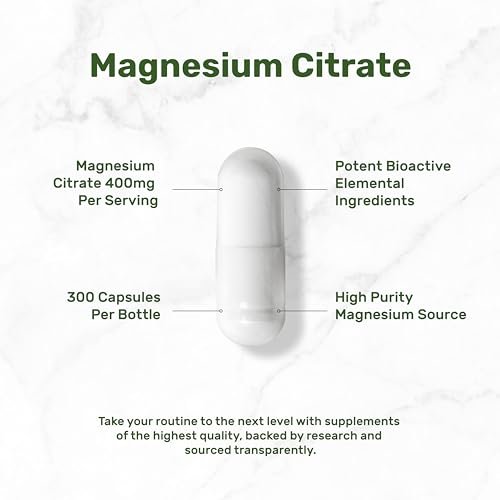 Magnesiumcitrat 400mg pro Portion, 300 vegane Kapseln – Chelatiert, leicht absorbierbar, gereinigtes Spurenelement – Unterstützung für Muskeln, Herz & Verdauung – Nicht-GMO