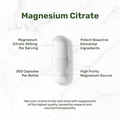 Magnesiumcitrat 400mg pro Portion, 300 vegane Kapseln – Chelatiert, leicht absorbierbar, gereinigtes Spurenelement – Unterstützung für Muskeln, Herz & Verdauung – Nicht-GMO