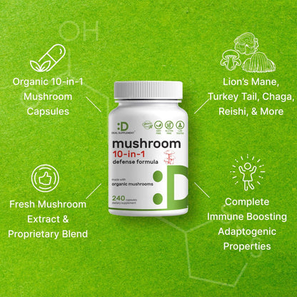 Bio 10-in-1 Pilzpräparat, 240 Kapseln – Löwenmähne, Truthahnschwanz, Reishi, Cordyceps & mehr Pilzkomplex – Immununterstützung, Energie & nootrope Gehirnunterstützung – Nicht-GVO