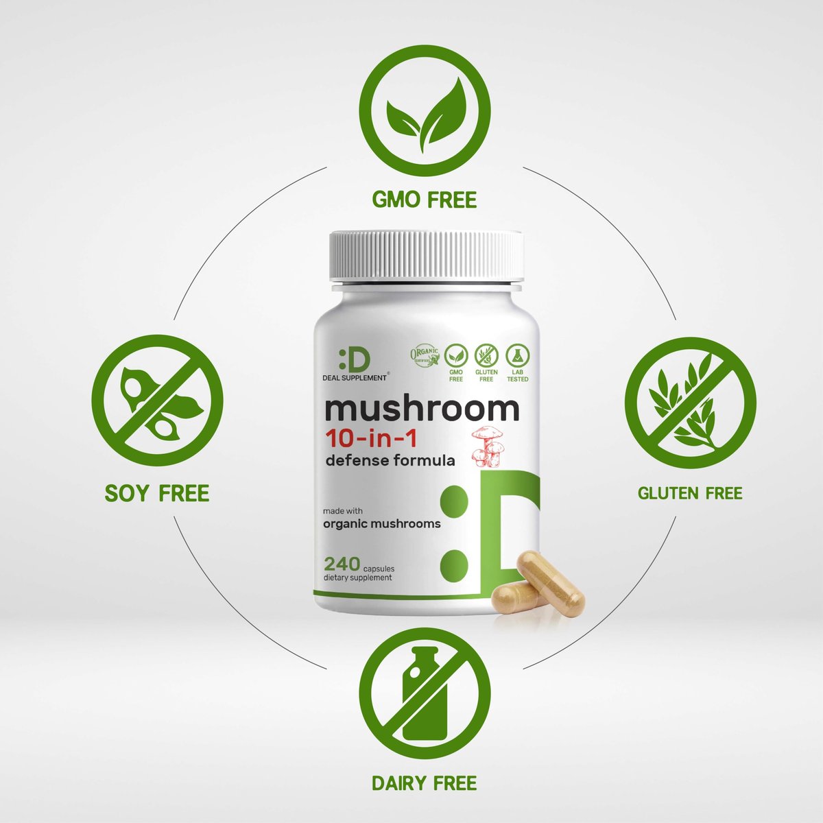 Bio 10-in-1 Pilzpräparat, 240 Kapseln – Löwenmähne, Truthahnschwanz, Reishi, Cordyceps & mehr Pilzkomplex – Immununterstützung, Energie & nootrope Gehirnunterstützung – Nicht-GVO