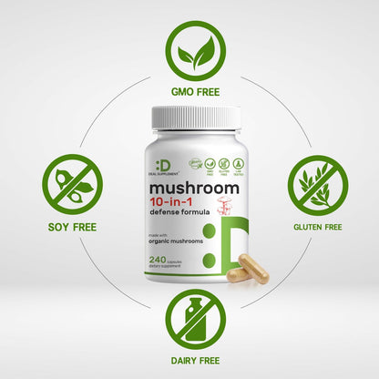 Bio 10-in-1 Pilzpräparat, 240 Kapseln – Löwenmähne, Truthahnschwanz, Reishi, Cordyceps & mehr Pilzkomplex – Immununterstützung, Energie & nootrope Gehirnunterstützung – Nicht-GVO