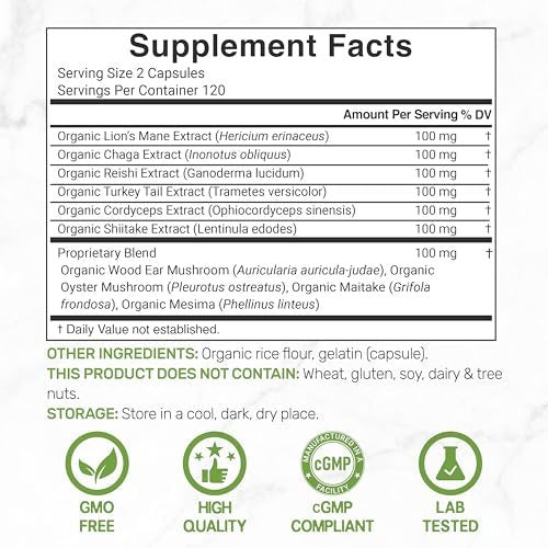 Bio 10-in-1 Pilzpräparat, 240 Kapseln – Löwenmähne, Truthahnschwanz, Reishi, Cordyceps & mehr Pilzkomplex – Immununterstützung, Energie & nootrope Gehirnunterstützung – Nicht-GVO