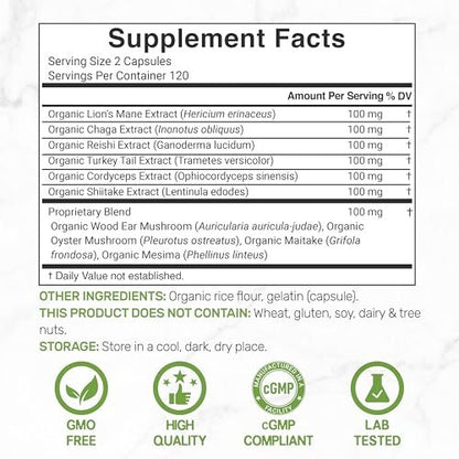Bio 10-in-1 Pilzpräparat, 240 Kapseln – Löwenmähne, Truthahnschwanz, Reishi, Cordyceps & mehr Pilzkomplex – Immununterstützung, Energie & nootrope Gehirnunterstützung – Nicht-GVO
