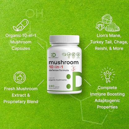 Bio 10-in-1 Pilzpräparat, 240 Kapseln – Löwenmähne, Truthahnschwanz, Reishi, Cordyceps & mehr Pilzkomplex – Immununterstützung, Energie & nootrope Gehirnunterstützung – Nicht-GVO