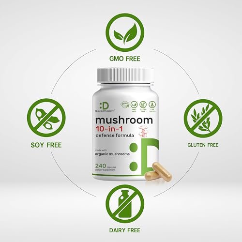 Bio 10-in-1 Pilzpräparat, 240 Kapseln – Löwenmähne, Truthahnschwanz, Reishi, Cordyceps & mehr Pilzkomplex – Immununterstützung, Energie & nootrope Gehirnunterstützung – Nicht-GVO