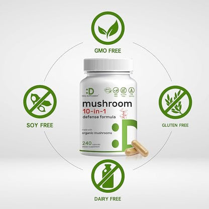Bio 10-in-1 Pilzpräparat, 240 Kapseln – Löwenmähne, Truthahnschwanz, Reishi, Cordyceps & mehr Pilzkomplex – Immununterstützung, Energie & nootrope Gehirnunterstützung – Nicht-GVO