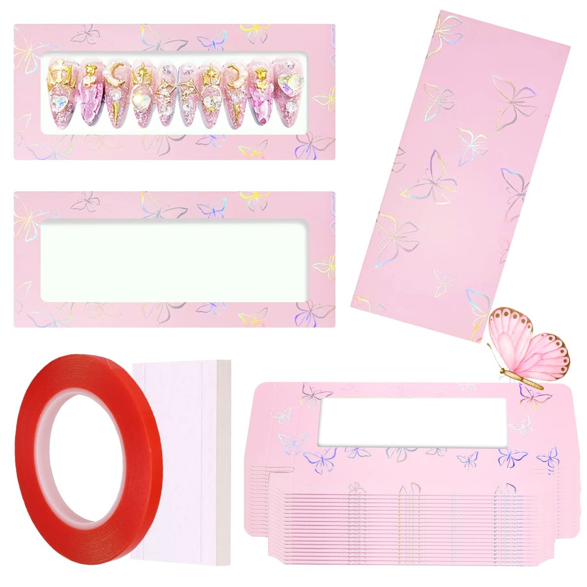 HLQHXWHZT 71-teiliges Set: 35 leere Press-on-Nagel-Verpackungsboxen, 35 weiße Hintergrundpapiere und 1 doppelseitiges Klebeband – Leeres Nagelpaket-Box-Set für Press-on-Nagel-Geschäfte (Rosa)