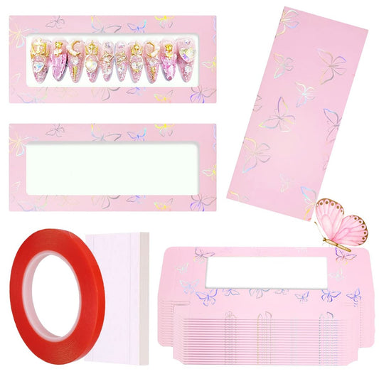 HLQHXWHZT 71-teiliges Set: 35 leere Press-on-Nagel-Verpackungsboxen, 35 weiße Hintergrundpapiere und 1 doppelseitiges Klebeband – Leeres Nagelpaket-Box-Set für Press-on-Nagel-Geschäfte (Rosa)