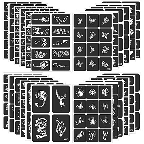 FANOST Henna Schablonen Set 24 Blatt – 400+ wiederverwendbare Tattoo-Schablonen für Kinder, Teenager, Erwachsene, Airbrush- und temporäre Tattoo-Schablonen für Gesicht, Hand, Finger, Mehndi-Schablonen