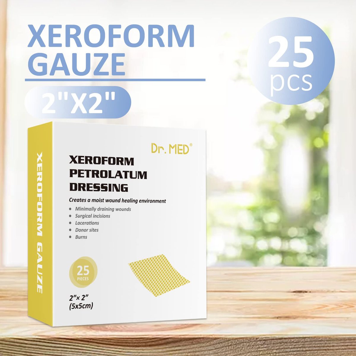Dr.Med Xeroform Petrolatum-Wundauflage, 2"x2" - 25 Stück/Box, nicht haftende Gaze-Kompressen für leichte bis teilweise Verbrennungen, Schürfwunden, Hauttransplantat-Empfängerstellen, frisch genähte Wunden
