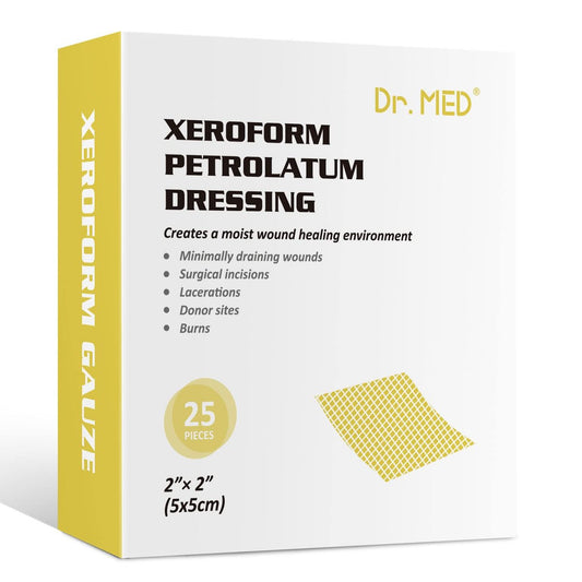 Dr.Med Xeroform Petrolatum-Wundauflage, 2"x2" - 25 Stück/Box, nicht haftende Gaze-Kompressen für leichte bis teilweise Verbrennungen, Schürfwunden, Hauttransplantat-Empfängerstellen, frisch genähte Wunden