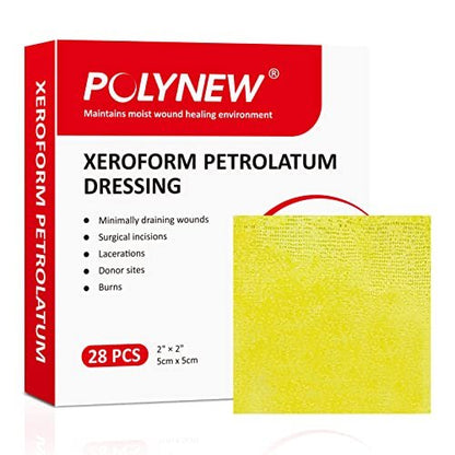 POLYNEW Xeroform Petrolatum Verband 2"x2", 28 Stück – nicht haftende Gaze für wenig exsudierende Wunden, feinmaschige Gaze-Pads für Verbrennungen, Schürfwunden, Platzwunden, Hauttransplantate und chirurgische Einschnitte