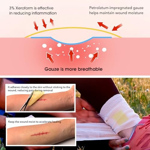 POLYNEW Xeroform Petrolatum Verband 2"x2", 28 Stück – nicht haftende Gaze für wenig exsudierende Wunden, feinmaschige Gaze-Pads für Verbrennungen, Schürfwunden, Platzwunden, Hauttransplantate und chirurgische Einschnitte