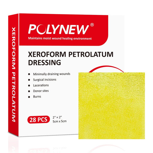 POLYNEW Xeroform Petrolatum Verband 2"x2", 28 Stück – nicht haftende Gaze für wenig exsudierende Wunden, feinmaschige Gaze-Pads für Verbrennungen, Schürfwunden, Platzwunden, Hauttransplantate und chirurgische Einschnitte