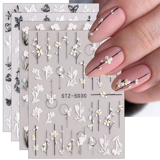JMEOWIO 3D Geprägte Blumen-Nagelaufkleber - 5D Sommer Blumen-Nagelkunst, selbstklebend, 4 Blatt