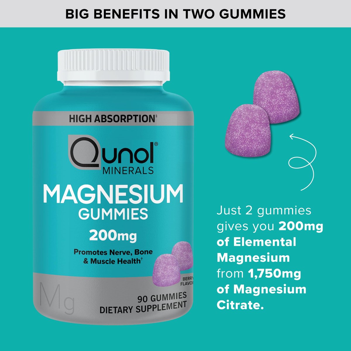 Qunol Magnesium Gummies für Erwachsene – 200 mg elementares Magnesium (aus 1.750 mg Magnesiumcitrat) – Hochabsorbierendes Magnesiumpräparat – Unterstützt Nerven-, Knochen- und Muskelfunktion – Vegetarisch – 90 Stück