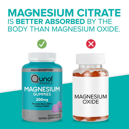 Qunol Magnesium Gummies für Erwachsene – 200 mg elementares Magnesium (aus 1.750 mg Magnesiumcitrat) – Hochabsorbierendes Magnesiumpräparat – Unterstützt Nerven-, Knochen- und Muskelfunktion – Vegetarisch – 90 Stück