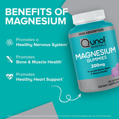 Qunol Magnesium Gummies für Erwachsene – 200 mg elementares Magnesium (aus 1.750 mg Magnesiumcitrat) – Hochabsorbierendes Magnesiumpräparat – Unterstützt Nerven-, Knochen- und Muskelfunktion – Vegetarisch – 90 Stück