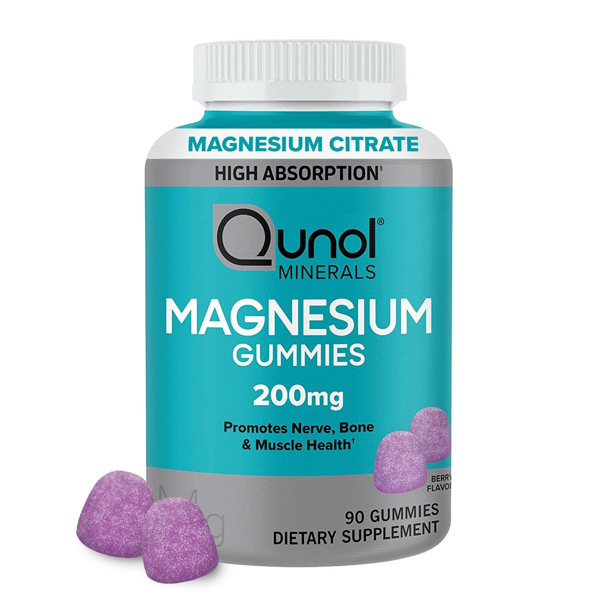 Qunol Magnesium Gummies für Erwachsene – 200 mg elementares Magnesium (aus 1.750 mg Magnesiumcitrat) – Hochabsorbierendes Magnesiumpräparat – Unterstützt Nerven-, Knochen- und Muskelfunktion – Vegetarisch – 90 Stück