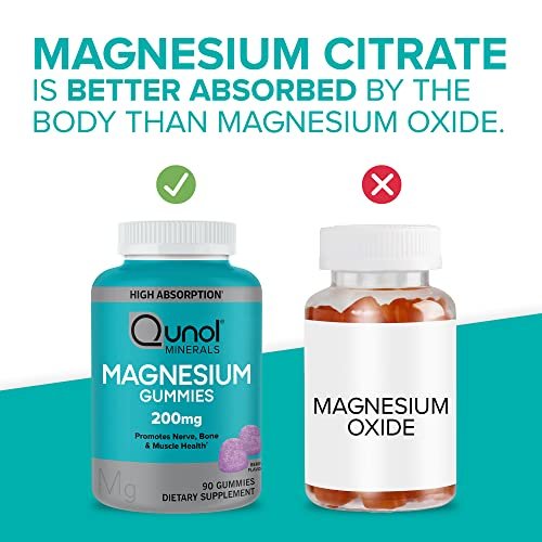 Qunol Magnesium Gummies für Erwachsene – 200 mg elementares Magnesium (aus 1.750 mg Magnesiumcitrat) – Hochabsorbierendes Magnesiumpräparat – Unterstützt Nerven-, Knochen- und Muskelfunktion – Vegetarisch – 90 Stück