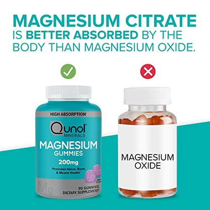 Qunol Magnesium Gummies für Erwachsene – 200 mg elementares Magnesium (aus 1.750 mg Magnesiumcitrat) – Hochabsorbierendes Magnesiumpräparat – Unterstützt Nerven-, Knochen- und Muskelfunktion – Vegetarisch – 90 Stück