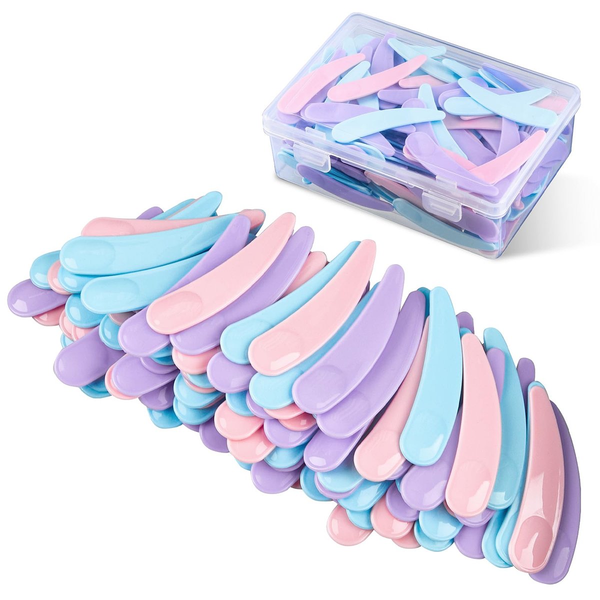 TUZAZO 200er-Pack Mini-Spatel für Kosmetik, Einweg-Make-up-Spatel aus Kunststoff, Bulk-Make-up-Löffelspatel für Make-up-Mischen und Probenahme (mehrfarbig mit Aufbewahrungsbox)
