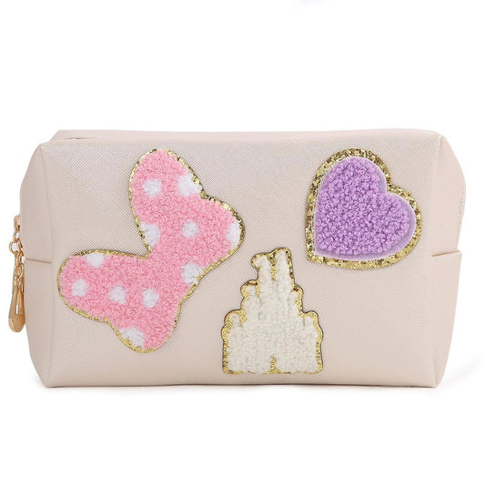 Dripykiaa Preppy Patch Kosmetiktasche aus Lederimitat mit Doppelreißverschluss – Kleine Kulturbeutel für Damen und Mädchen – Ideal für Disney World Essentials
