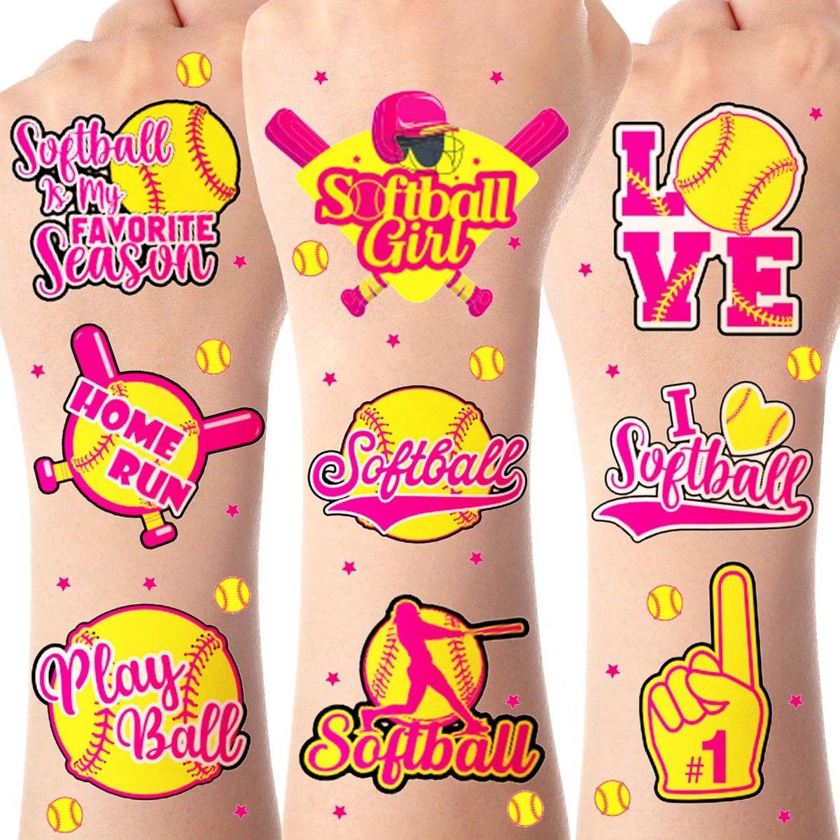 Serencatcher 144 Stück temporäre Softball-Tattoos – wasserfeste Aufkleber für Baseball-Partys, Geburtstage, Team-Events und Vereinsbelohnungen