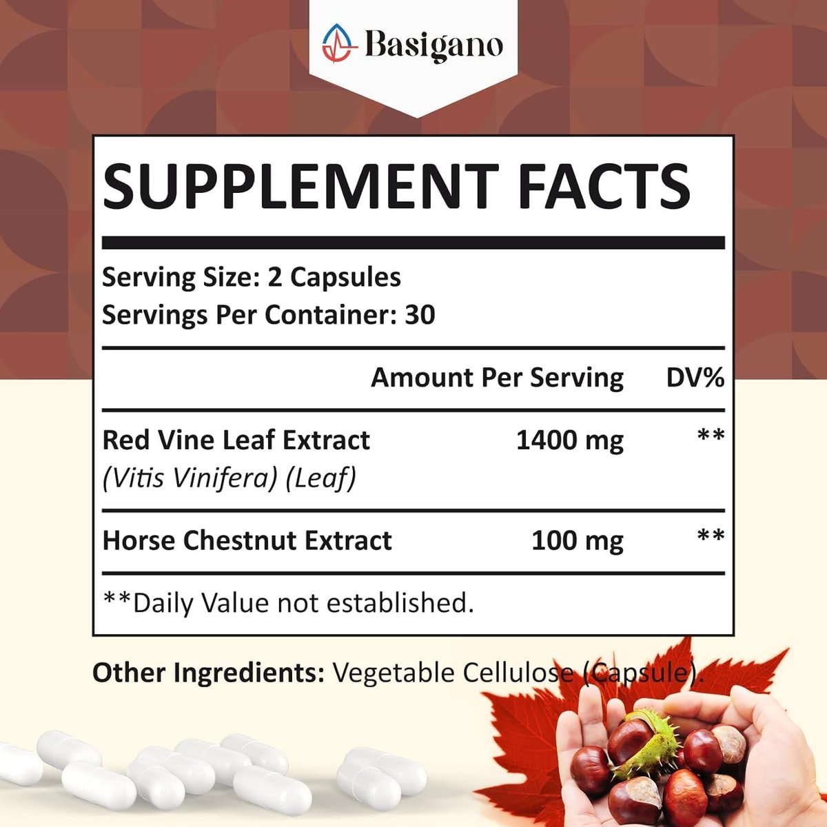 Basigano Rotes Weinlaub & Rosskastanienextrakt Kapseln (Vitis Vinifera) 1500mg - Premium Extrakt für gesunde Venen, Durchblutung, Herz, Haut (1 Packung, 60 Kapseln)