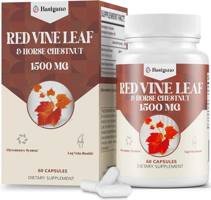 Basigano Rotes Weinlaub & Rosskastanienextrakt Kapseln (Vitis Vinifera) 1500mg - Premium Extrakt für gesunde Venen, Durchblutung, Herz, Haut (1 Packung, 60 Kapseln)