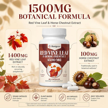 Basigano Rotes Weinlaub & Rosskastanienextrakt Kapseln (Vitis Vinifera) 1500mg - Premium Extrakt für gesunde Venen, Durchblutung, Herz, Haut (1 Packung, 60 Kapseln)