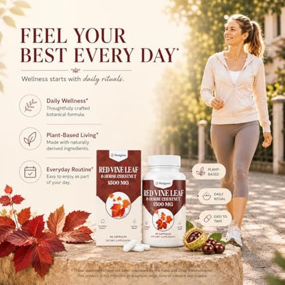 Basigano Rotes Weinlaub & Rosskastanienextrakt Kapseln (Vitis Vinifera) 1500mg - Premium Extrakt für gesunde Venen, Durchblutung, Herz, Haut (1 Packung, 60 Kapseln)