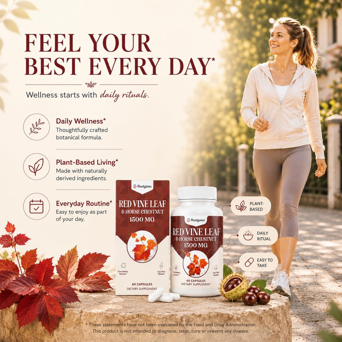 Basigano Rotes Weinlaub & Rosskastanienextrakt Kapseln (Vitis Vinifera) 1500mg - Premium Extrakt für gesunde Venen, Durchblutung, Herz, Haut (1 Packung, 60 Kapseln)