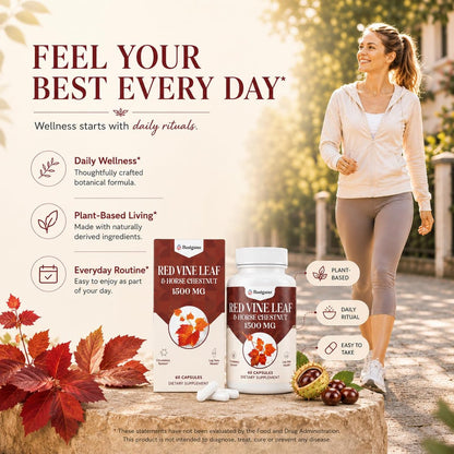 Basigano Rotes Weinlaub & Rosskastanienextrakt Kapseln (Vitis Vinifera) 1500mg - Premium Extrakt für gesunde Venen, Durchblutung, Herz, Haut (1 Packung, 60 Kapseln)