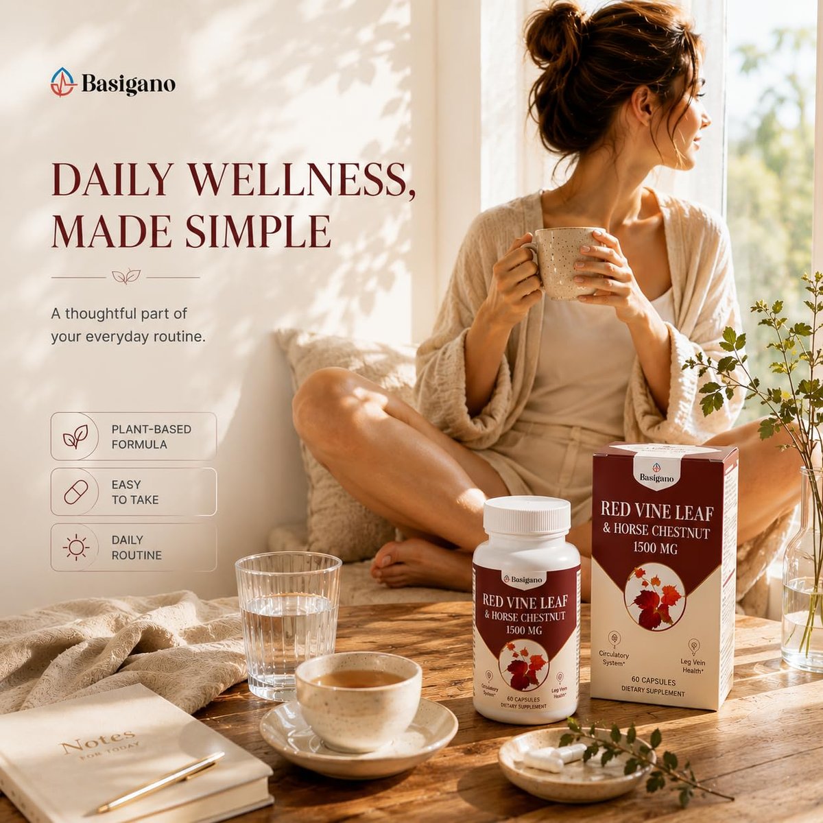 Basigano Rotes Weinlaub & Rosskastanienextrakt Kapseln (Vitis Vinifera) 1500mg - Premium Extrakt für gesunde Venen, Durchblutung, Herz, Haut (1 Packung, 60 Kapseln)