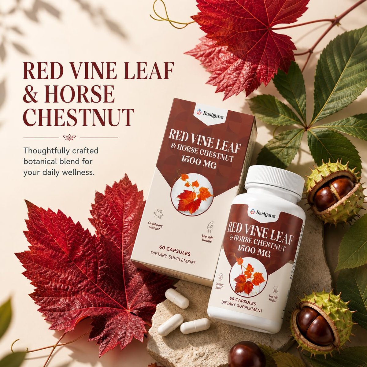 Basigano Rotes Weinlaub & Rosskastanienextrakt Kapseln (Vitis Vinifera) 1500mg - Premium Extrakt für gesunde Venen, Durchblutung, Herz, Haut (1 Packung, 60 Kapseln)