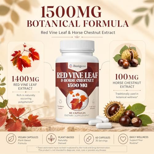 Basigano Rotes Weinlaub & Rosskastanienextrakt Kapseln (Vitis Vinifera) 1500mg - Premium Extrakt für gesunde Venen, Durchblutung, Herz, Haut (1 Packung, 60 Kapseln)