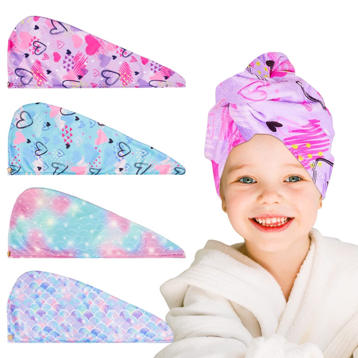 RETON 4er-Pack Microfaser Haartrocknungstuch, Haartuch-Wickel für Kinder, Mädchen und Frauen, super saugfähige Haarturbane für nasses Haar, schnelltrocknender Haarwickel mit Knöpfen für lockiges, langes, dickes Haar