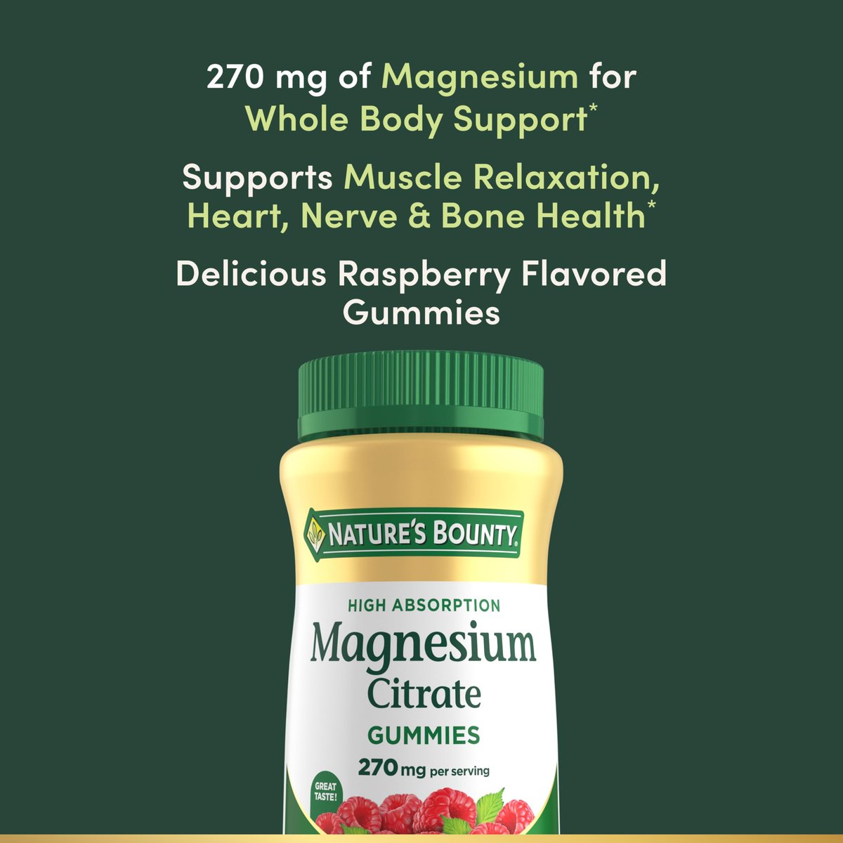Nature's Bounty Magnesiumcitrat Gummis für Erwachsene – 270 mg pro Portion, vegan, ohne Gentechnik, Himbeer-Geschmack, 90 Stück – Unterstützt Knochen-, Nerven-, Muskel- und Herzgesundheit