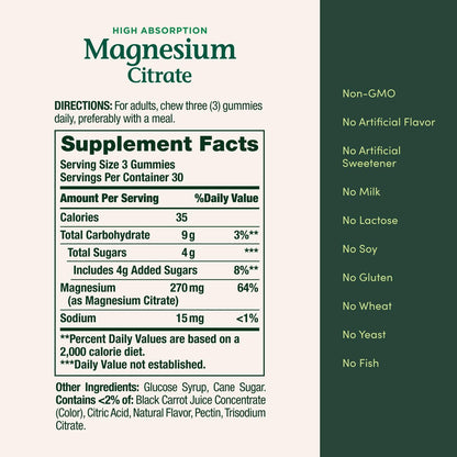 Nature's Bounty Magnesiumcitrat Gummis für Erwachsene – 270 mg pro Portion, vegan, ohne Gentechnik, Himbeer-Geschmack, 90 Stück – Unterstützt Knochen-, Nerven-, Muskel- und Herzgesundheit