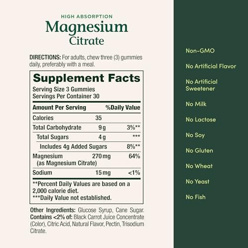Nature's Bounty Magnesiumcitrat Gummis für Erwachsene – 270 mg pro Portion, vegan, ohne Gentechnik, Himbeer-Geschmack, 90 Stück – Unterstützt Knochen-, Nerven-, Muskel- und Herzgesundheit
