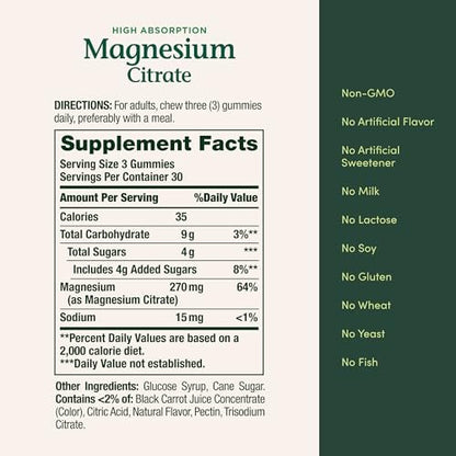 Nature's Bounty Magnesiumcitrat Gummis für Erwachsene – 270 mg pro Portion, vegan, ohne Gentechnik, Himbeer-Geschmack, 90 Stück – Unterstützt Knochen-, Nerven-, Muskel- und Herzgesundheit